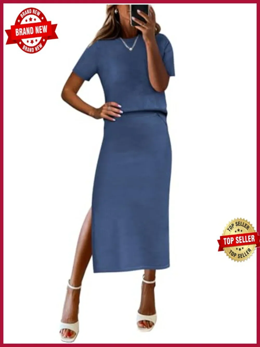2 Piece Knit Striped Sweater Skirt Set - Short Sleeve Top & Midi Pencil Skirt